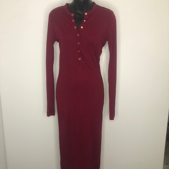 Fleur du Mal Raspberry Red Ribbed Long Sleeve Snap Button Dress Size Medium - Picture 9 of 9